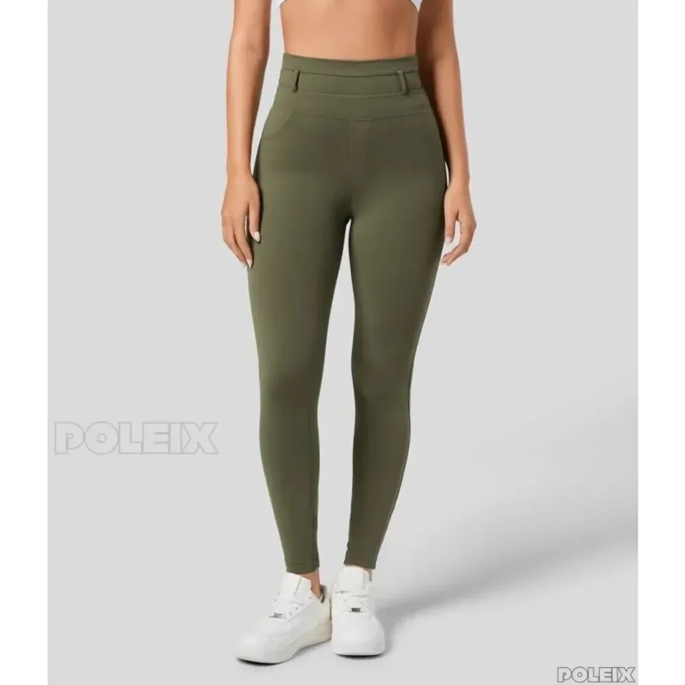 Halara Army Green High Waisted 7/8 Leggings Back Pockets Workout Yoga L NWT